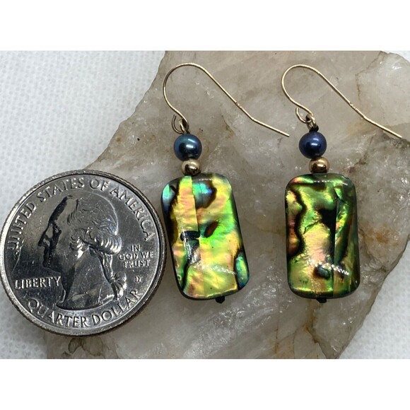 Vintage 10K Yellow Gold Abalone Shell Pearl Dangle Drop Earrings 2.2g - Picture 2 of 8